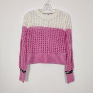 Tommy Hilfiger Women's Color Block Cozy Sweater in Pink White Size XS Wool